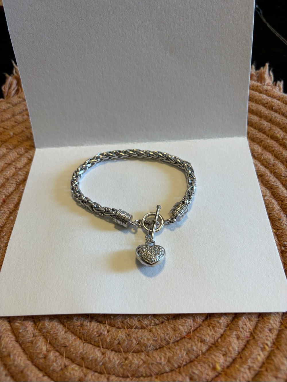 Sterling Silver 7.5 inch Heart Charm Toggle Clasp Braided Bracelet